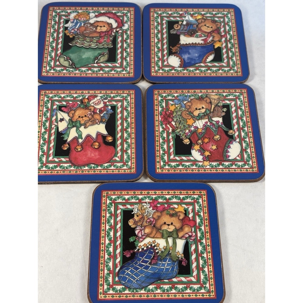 Vintage Christmas Drink Coasters Teddy‎ Bears Set Of 5 1990s-2000s Holiday Drink